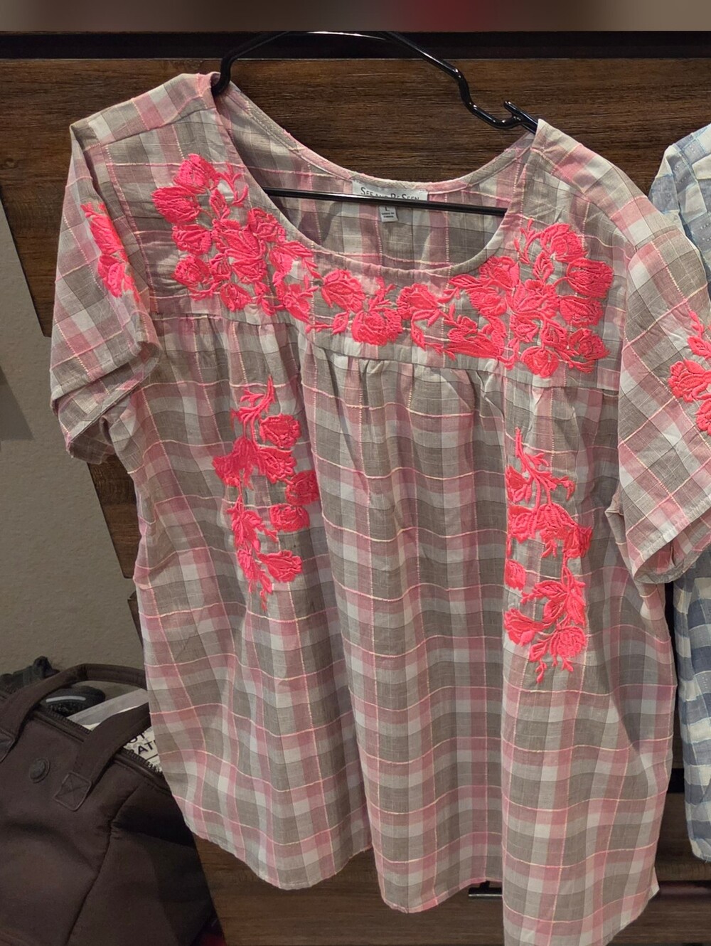 Seen & Be Seen Embroidered Plaid Blouse with Neon Pink Floral Detail Size Large